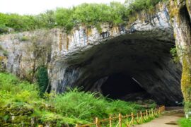Вход на пещера в зелена обстановка - Голяма пещера с покритие от зеленина и голям вход, където природата се смесва с скалните структури.