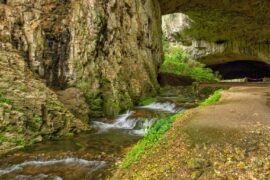 Пейзаж на Деветашката пещера - Водопад тече покрай каменни стени, обрасли с зеленина, наблюдавайки входа на пещерата.