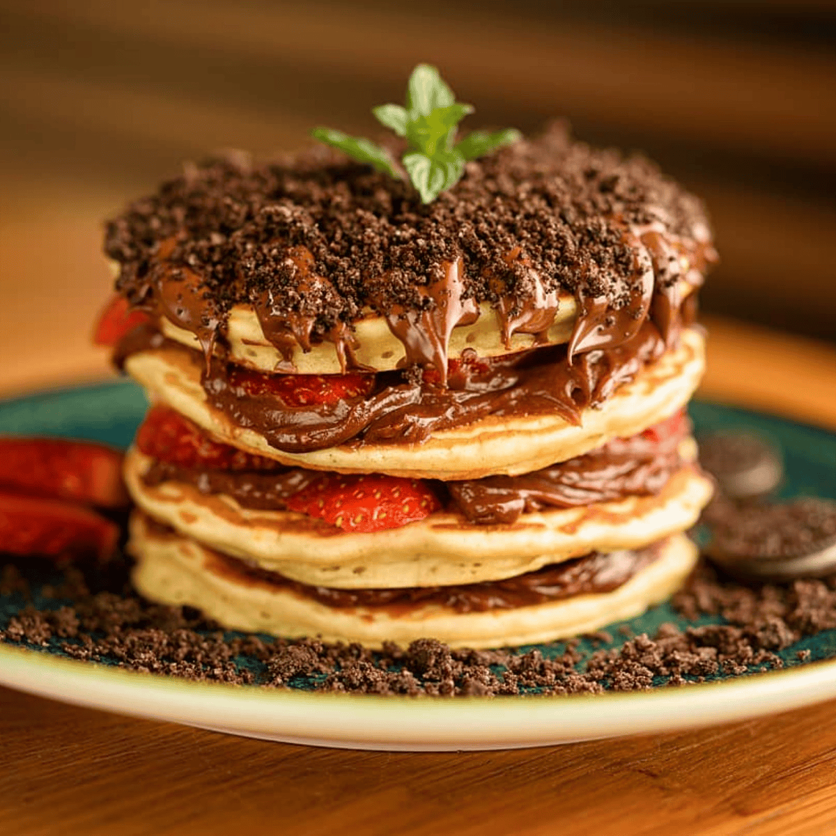 Chocolate Chip Pancakes - A tall bowl of pancakes with chocolate cream, strawberries, and cookies, garnished with mint.